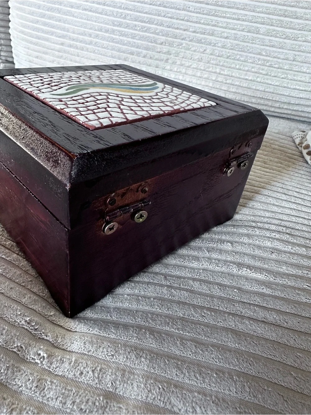 Handcrafted Dark Wood Jewelry Box with Decorative Tile